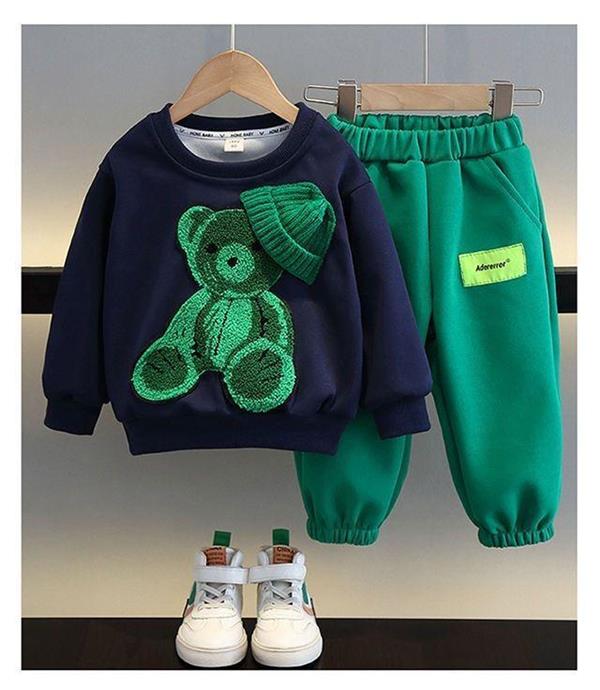 ست دورس سورمه ای خرس برجسته سبز با شلوار اسلش سبز گت دار کد 20736