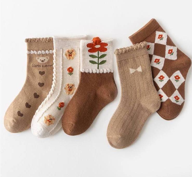 پک پنج عددی جوراب طرح گل و خرس رنگبندی قهوه ای و نسکافه ای و طوسی کد 20776