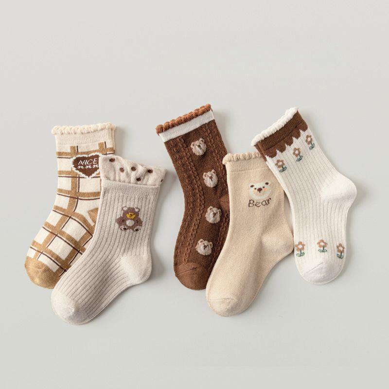 پک پنج عددی جوراب طرح خرس و قلب رنگبندی کرم و قهوه ای و نسکافه ای کد 20777