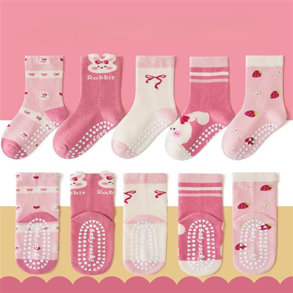 پک پنج عددی جوراب طرح خرگوش و توت فرنگی رنگبندی صورتی و شیری کد 20779