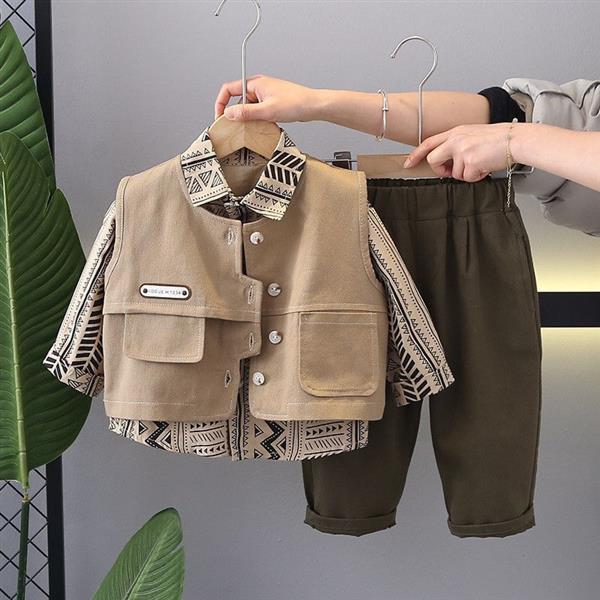 ست سه تیکه شومیز یشمی طرح هندسی و جلیقه کتان کرم و شلوار کتان کرم کد 20792