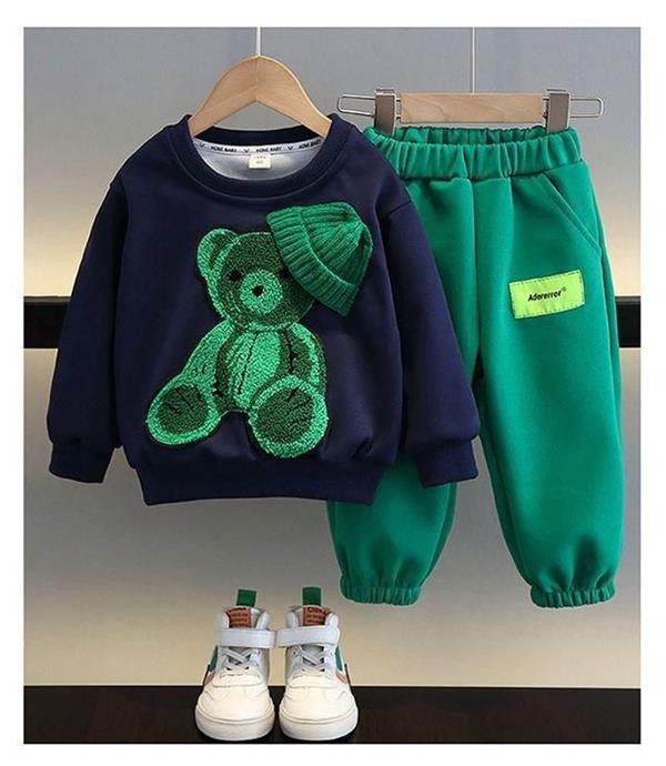 ست دورس سورمه ای خرس پشمی برجسته با شلوار اسلش سبز کد 20858