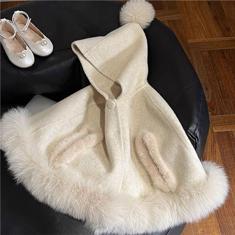 شنل عروسکی کلاهدار خزدار رنگ کرم کد 20874