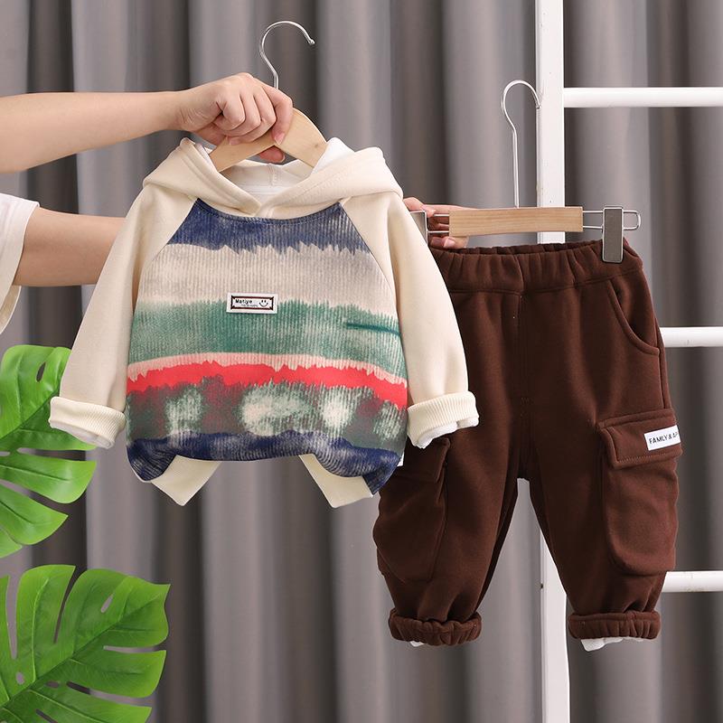 ست داخل پشمی هودی کرم جلو رنگارنگ با شلوار اسلش گت دار قهوه ای کد 20877