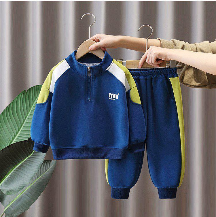 ست سویشرت نیم زیپ و شلوار اسلش گت دار رنگ ابی کاربنی بغل خط سبز طرح min کد 20888