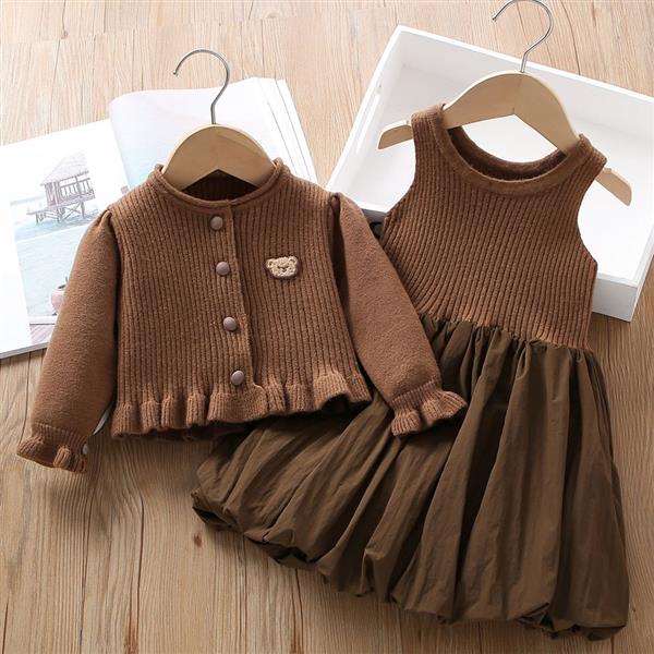 ست پیراهن پایین پفی و ژاکت بافت خرسی رنگ قهوه ای کد 20890