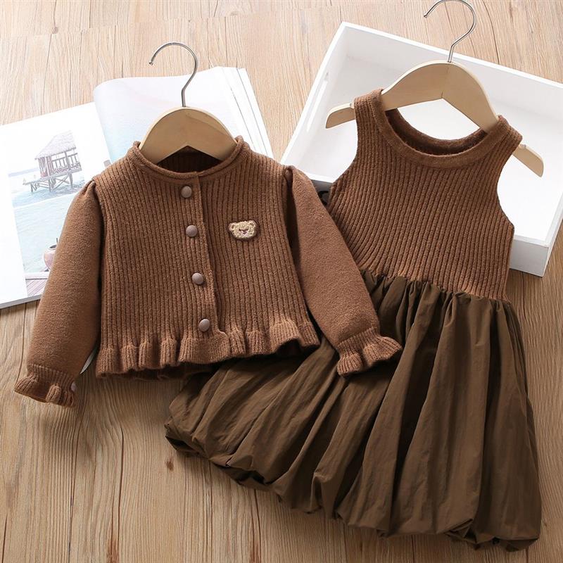 ست پیراهن پایین پفی و ژاکت بافت خرسی رنگ قهوه ای کد 20890