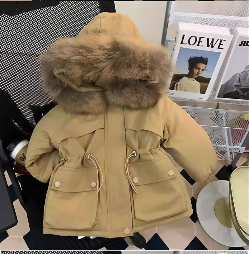 کاپشن دو جیب کلاه خزدار رنگ کرم داخل خز سفید کد 20919