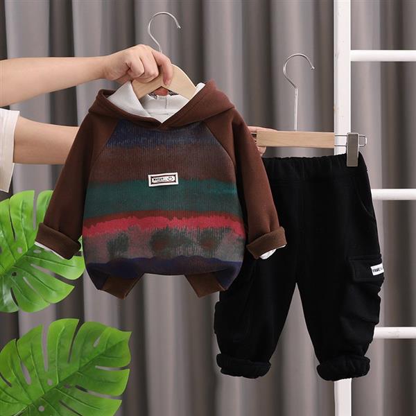 ست داخل پشمی هودی قهوه ای جلو رنگارنگ با شلوار اسلش گت دار مشکی کد 20930