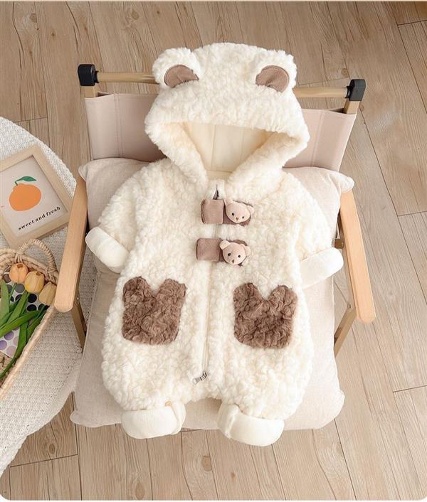 کاپشن سرهمی پشمی ضخیم خرس برجسته رنگ شیری کد 20983