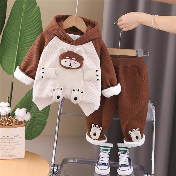 ست هودی و شلوار ضخیم کبریتی داخل کرکی طرح پیشی اخمو رنگ کرم و قهوه ای کد 21110