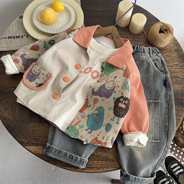 ست سه تیکه طرح ZOO شومیز کتان کرم و نارنجی و بلوز نخی سفید و شلوار جین ابی کد 21121