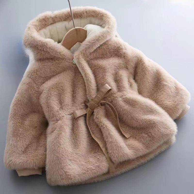 پالتو خز کلاهدار داخل لاینردار ضخیم کمرکش عروسکی رنگ نسکافه ای کد 21127