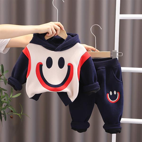 ست هودی و شلوار داخل کرکی طرح SMILE رنگ شیری و سورمه ای کد 21137