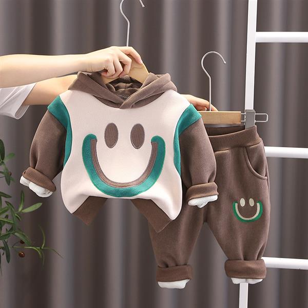 ست هودی و شلوار داخل کرکی طرح SMILE رنگ شیری و قهوه  ای کد 21138