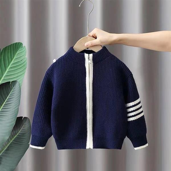 ژاکت بافت SPORT رنگ سورمه ای استین خط سفید کد 21140