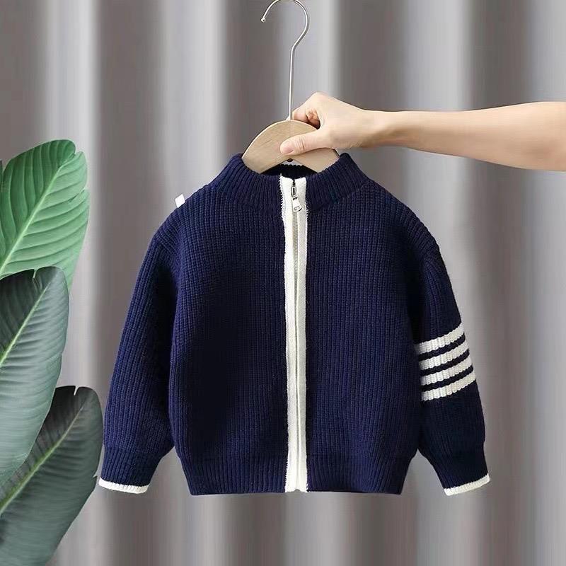 ژاکت بافت SPORT رنگ سورمه ای استین خط سفید کد 21140