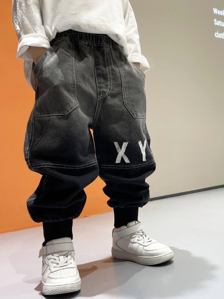 شلوار جین پایین گت طرح XY رنگ ذغالی کد 21164