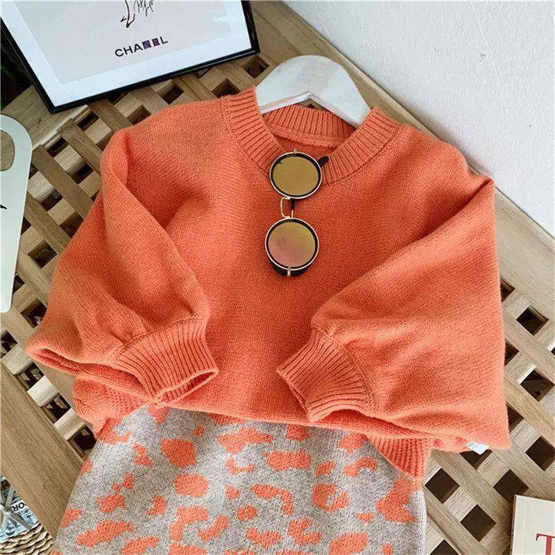 ست بافت بلوز کلوش نارنجی و دامن پلنگی طوسی و نارنجی کد 21170