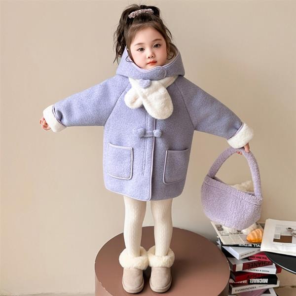 پالتو داخل خز دو جیب دکمه قلبی یاسی با شال گردن سفید کد 21262