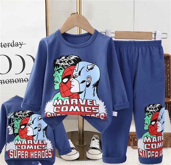 ست نخی بلوز  و شلوار ابی طرح قهرمانان سایز کوچک کد 21307