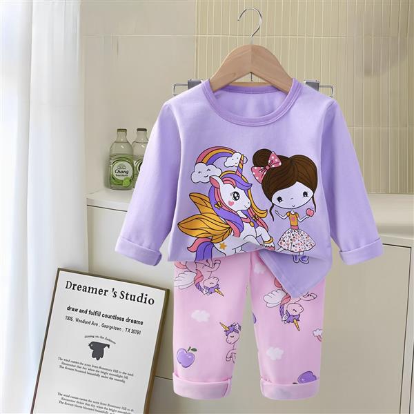 ست نخی بلوز یاسی  و شلوار صورتی طرح دختر و یونیکورن سایز بزرگ کد 21318