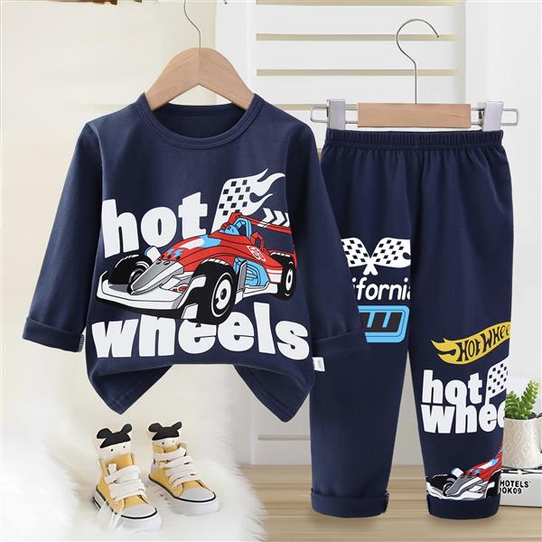 ست نخی بلوز و شلوار سورمه ای طرح ماشین مسابقه سایز متوسط کد 21323