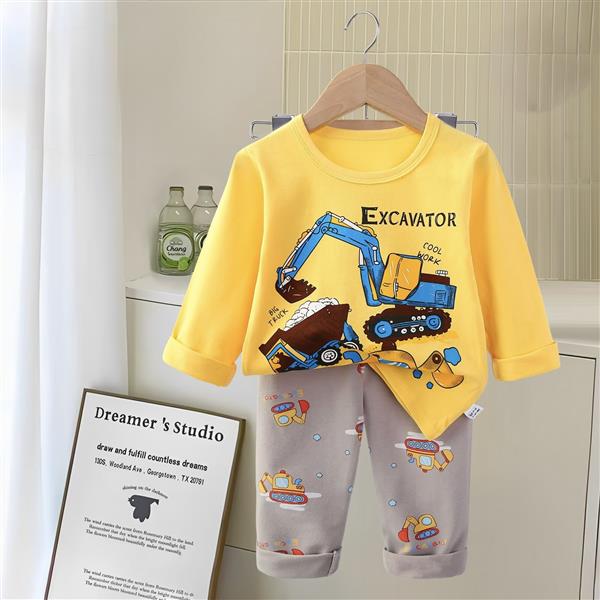 ست نخی بلوز زرد و شلوار طوسی طرح جرثقیل سایز کوچک کد 21325