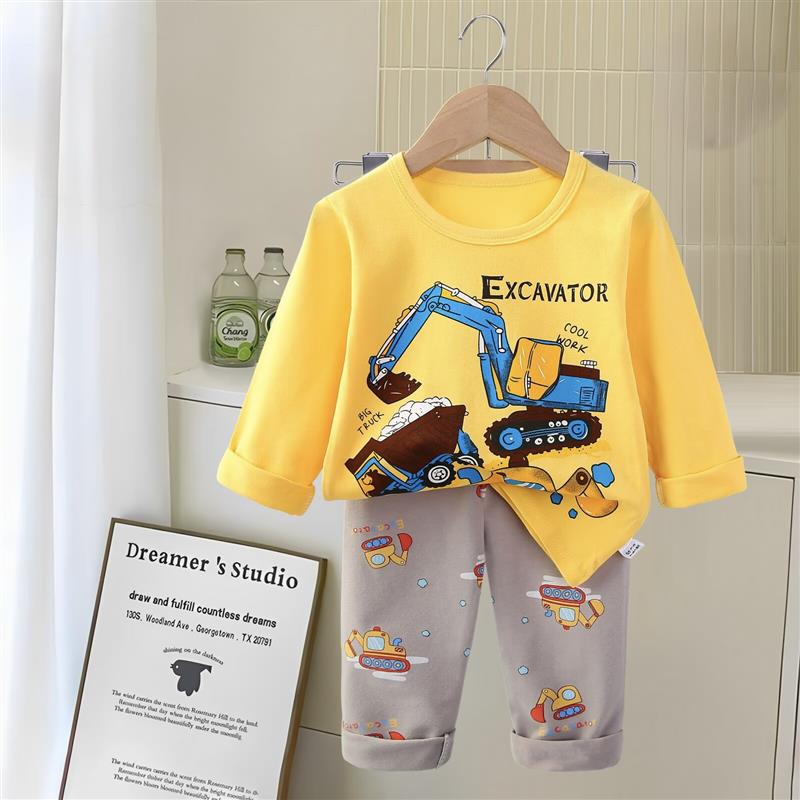 ست نخی بلوز زرد و شلوار طوسی طرح جرثقیل سایز بزرگ کد 21327