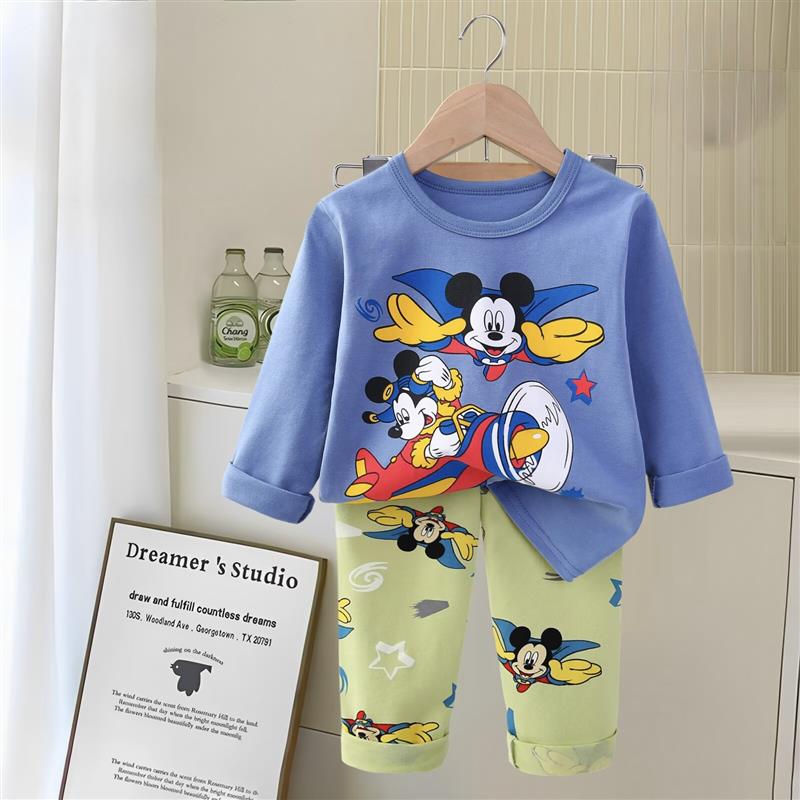 ست نخی بلوز سورمه ای و شلوار سبز طرح میکی موس سایز متوسط کد 21329