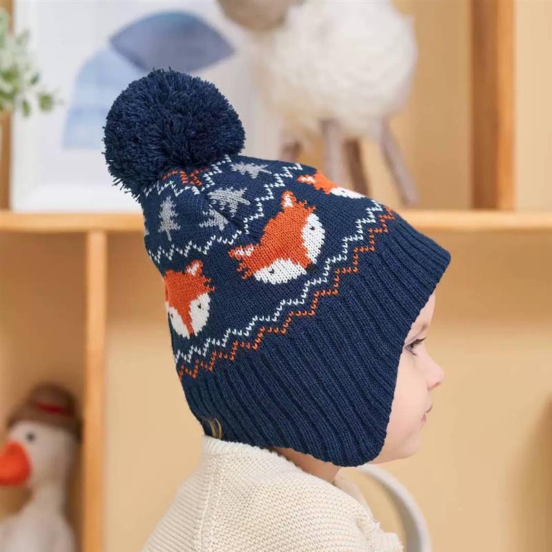 کلاه بافت گوشگیر تک پوم طرح روباه رنگ سورمه ای کد 21375