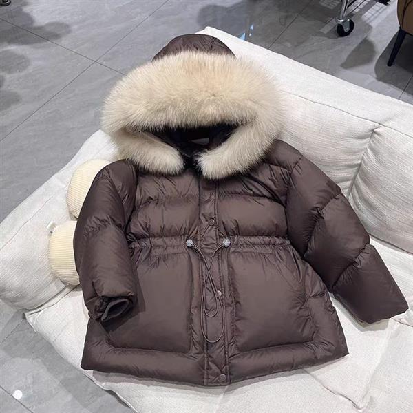 کاپشن پفی ضداب کمرکش دو جیب قهوه ای با خز کرم کد 21381