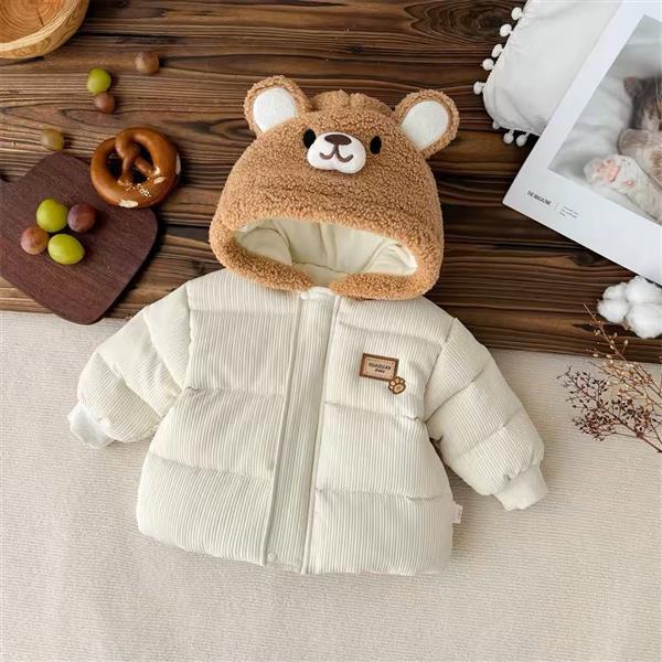 کاپشن شیری ضداب طرح پنجه خرسی با کلاه خرسی کرم کد 21384