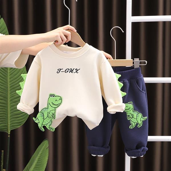 ست دورس شیری و شلوار اسلش سورمه ای داخل کرکی دایناسور برجسته کد 21456