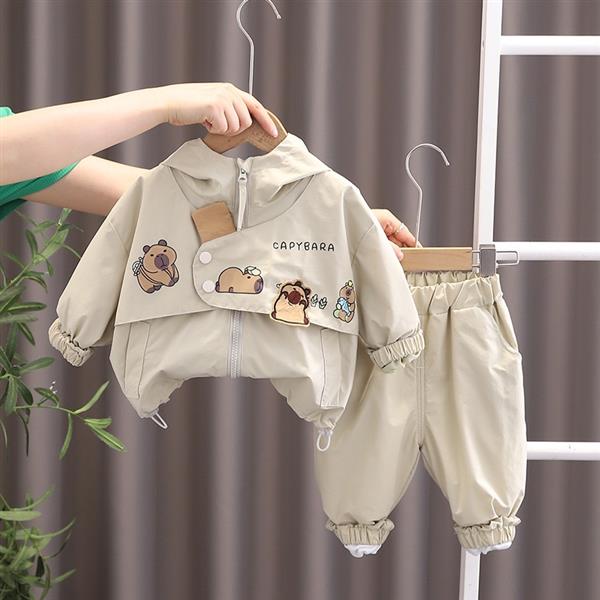 ست بارونی کلاهدار و شلوار ضداب طرح CAPYBARA رنگ کرم کد 21469