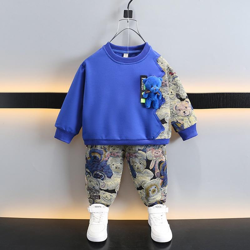 ست دورس ابی کاربنی عروسک دار خرسی با شلوار کتان خرس خرسی کد 21475