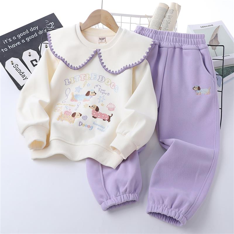 ست دورس شیری و شلوار اسلش یاسی پنبه ای ضخیم طرح هاپو کد 21501