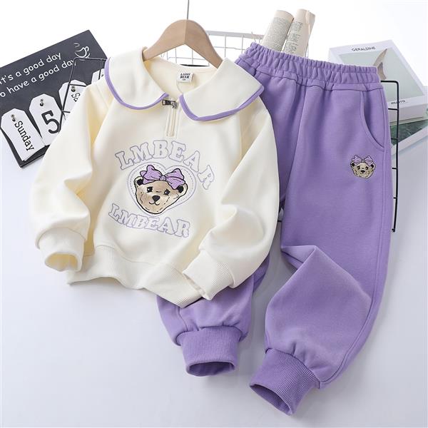 ست دورس شیری و شلوار اسلش یاسی پنبه ای ضخیم طرح خرس کد 21502