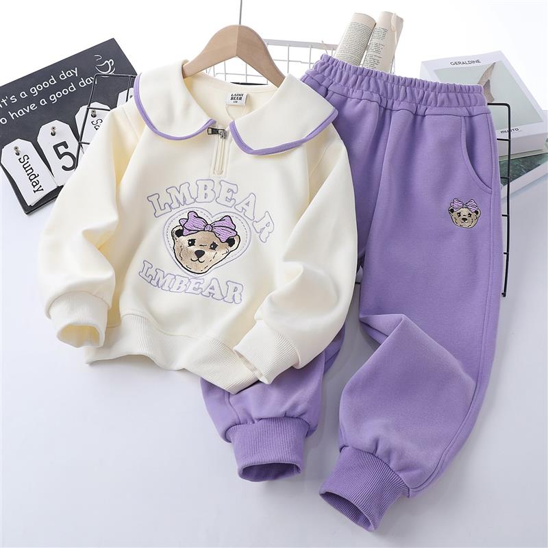 ست دورس شیری و شلوار اسلش یاسی پنبه ای ضخیم طرح خرس کد 21502