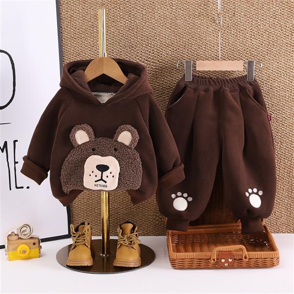 ست هودی و شلوار داخل پشمی طرح خرس اخمو رنگ قهوه ای کد 21529