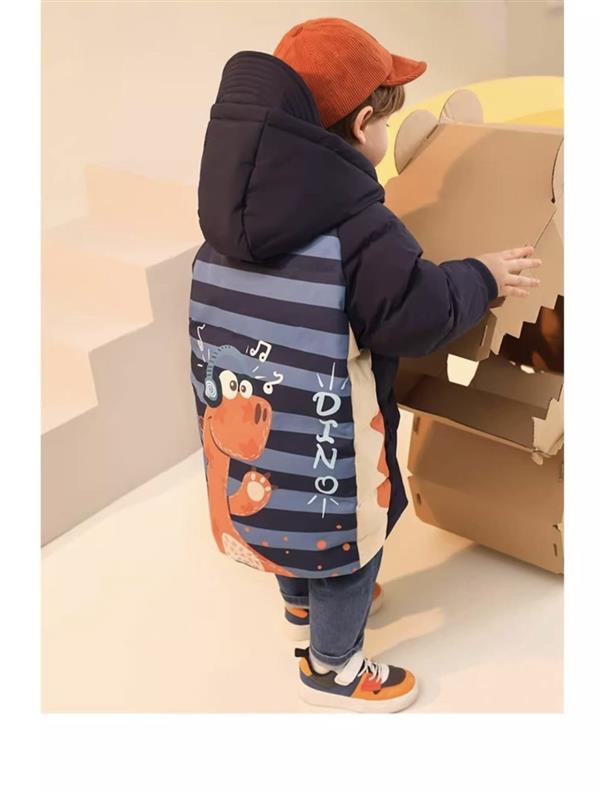 کاپشن کلاهدار ضداب داخل پشم شیشه طرح دایناسور و هدفون رنگ سورمه ای کد 21531