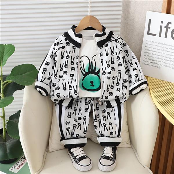 ست سه تیکه سویشرت و شلوار طوسی نخی سفید طرح خرگوش گوش بلند کد 21535