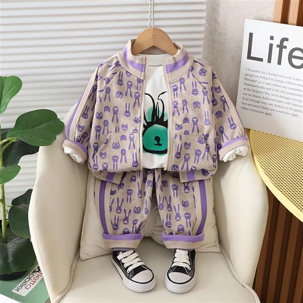 ست سه تیکه سویشرت و شلوار کرم و یاسی و بلوز نخی سفید طرح خرگوش گوش بلند کد 21536