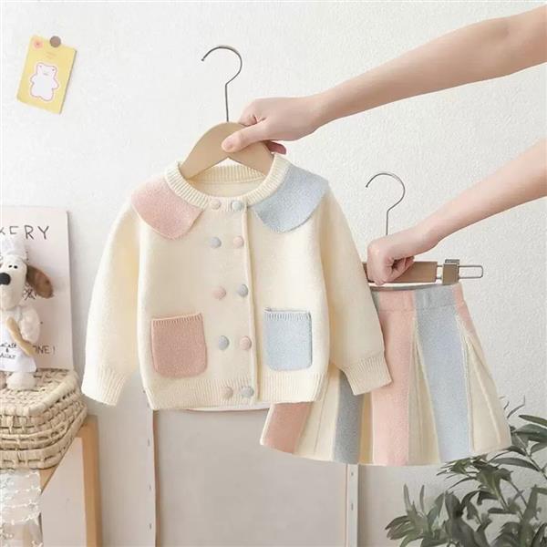 ست شومیز و دامن بافت عروسکی پشت خرگوشی شیری دو جیب صورتی ابی کد 21538