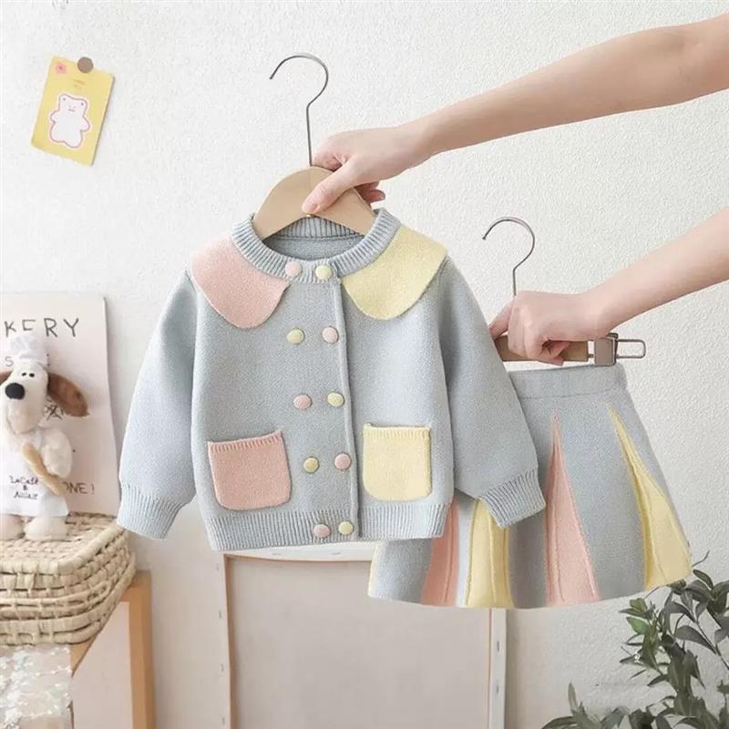 ست شومیز و دامن بافت عروسکی پشت خرگوشی طوسی دو جیب صورتی زرد کد 21539