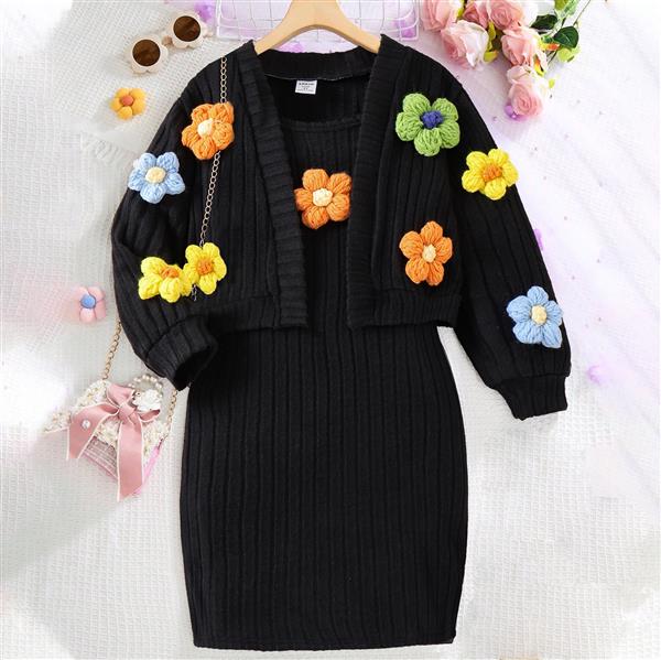 ست تونیک و ژاکت کشمیر طرح گل بافت برجسته رنگ مشکی کد 21544