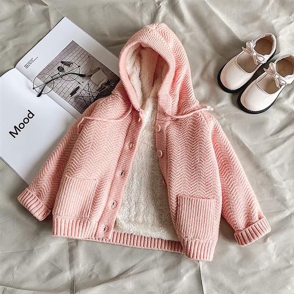 ژاکت بافت کلاهدار داخل خز دو جیب رنگ صورتی کد 21548