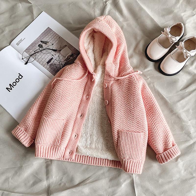 ژاکت بافت کلاهدار داخل خز دو جیب رنگ صورتی کد 21548