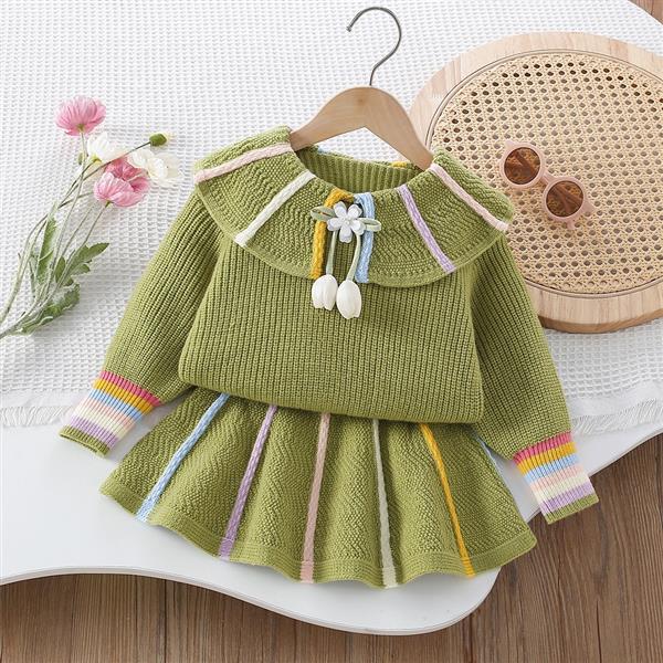 ست بلوز و دامن بافت عروسکی گل لاله رنگ سبز با نوار رنگی کد 21553