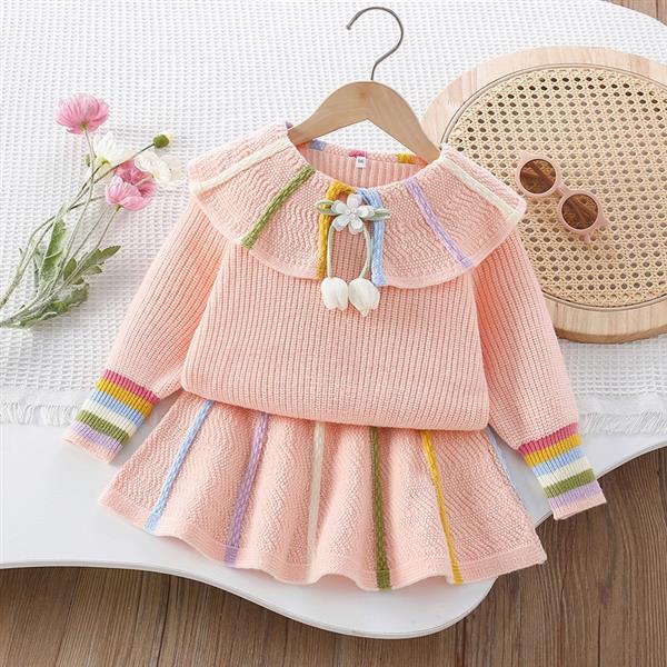 ست بلوز و دامن بافت عروسکی گل لاله رنگ صورتی با نوار رنگی کد 21555